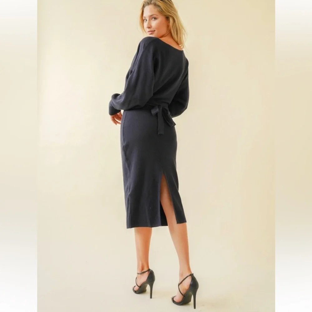 🆕Sweater Dress Dolman Sleeve Boat Neck Navy Belted Waist S, M & L Available - Picture 4 of 7